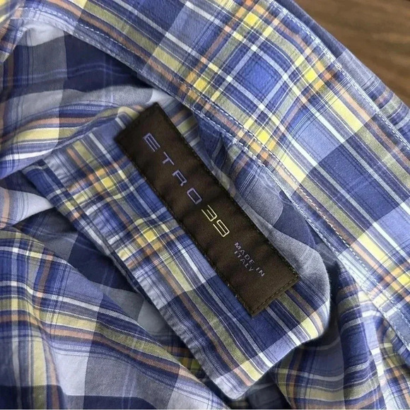 🌟Etro men shirt size 39 blue yellow  plaid - Picture 5 of 9